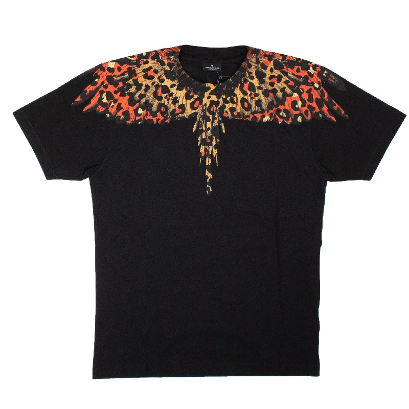 MARCELO BURLON Black Leopard Wings T-Shirt-- Real Fur Shearling Chenille