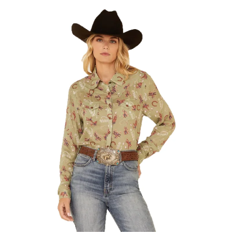 Cruel Girl® Ladies Rodeo Print Green Snap Down Shirt CTW7343005-- Zippered Buttoned Snapped Cruel Girl® Ladies Rodeo Print Green Snap Down Shirt CTW7343005-- Zippered Buttoned Snapped