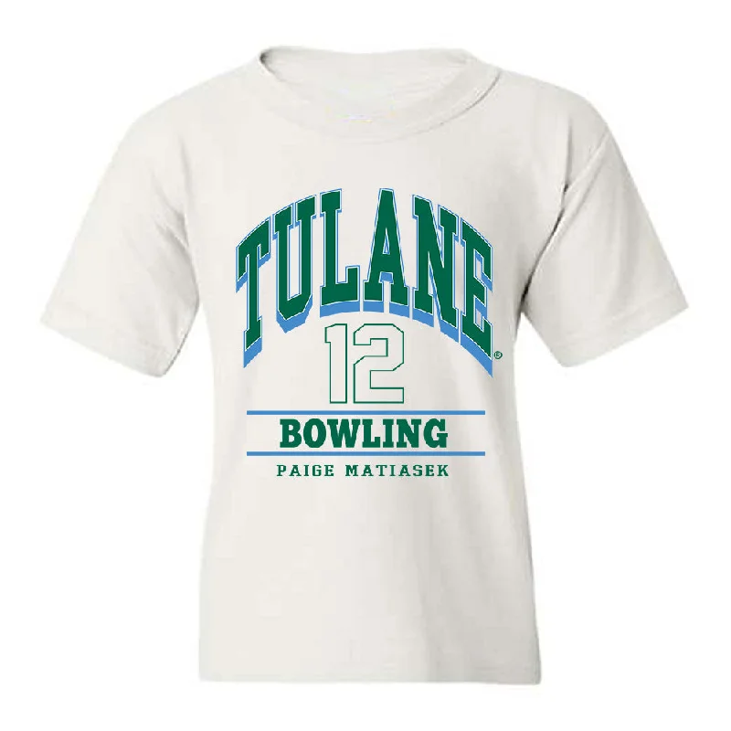 Tulane - NCAA Women's Bowling : Paige Matiasek - Classic Fashion Shersey Youth T-Shirt-- Beaded Sequined Faux Fur Tulane - NCAA Women's Bowling : Paige Matiasek - Classic Fashion Shersey Youth T-Shirt-- Beaded Sequined Faux Fur
