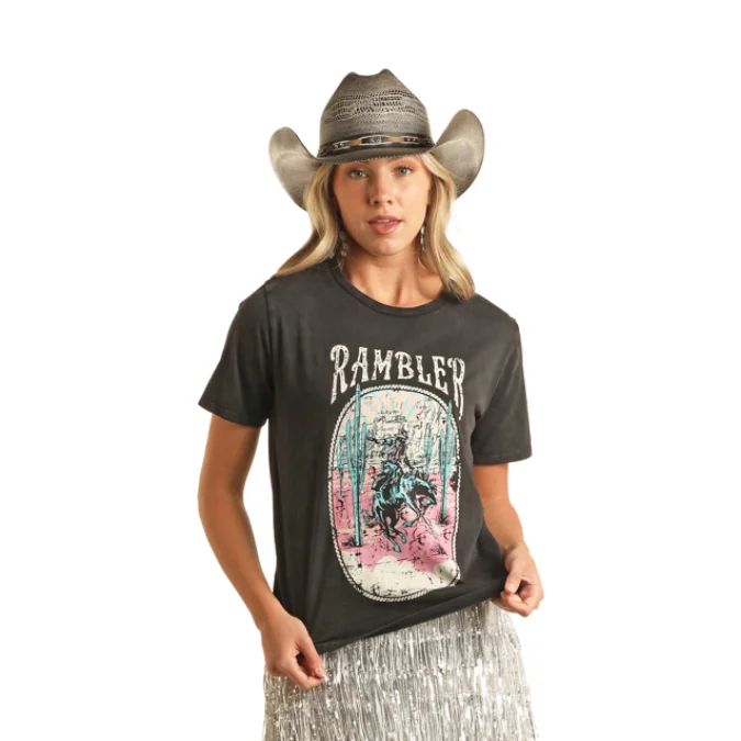 Rock & Roll Denim Ladies Rambler Western Black T-Shirt BW21T04027-01-- Spandex Blend Rayon Blend Denim Blend Rock & Roll Denim Ladies Rambler Western Black T-Shirt BW21T04027-01-- Spandex Blend Rayon Blend Denim Blend