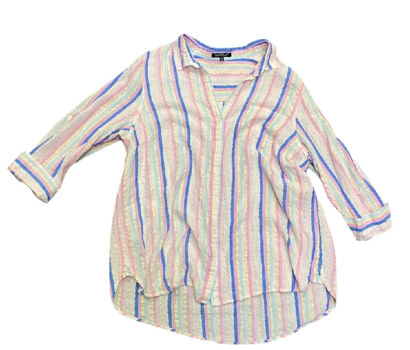 Pink Striped VELVET HEART Long Sleeve Shirt Women's-- Asymmetrical Pockets Print