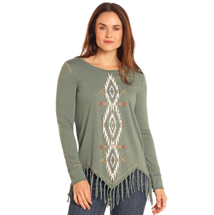 Panhandle Ladies Aztec Fringe Hem Olive T-Shirt LW22T04671-- Spandex Blend Rayon Blend Denim Blend Panhandle Ladies Aztec Fringe Hem Olive T-Shirt LW22T04671-- Spandex Blend Rayon Blend Denim Blend