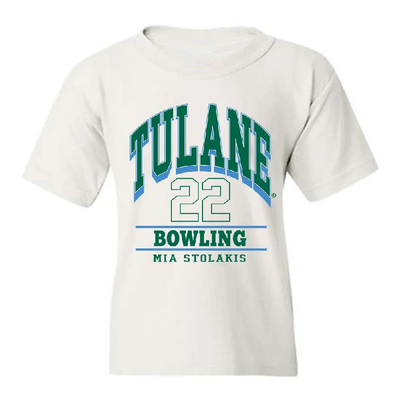 Tulane - NCAA Women's Bowling : Mia Stolakis - Classic Fashion Shersey Youth T-Shirt-- Rayon Fabric Velvet Fabric Corduroy Fabric Tulane - NCAA Women's Bowling : Mia Stolakis - Classic Fashion Shersey Youth T-Shirt-- Rayon Fabric Velvet Fabric Corduroy Fabric