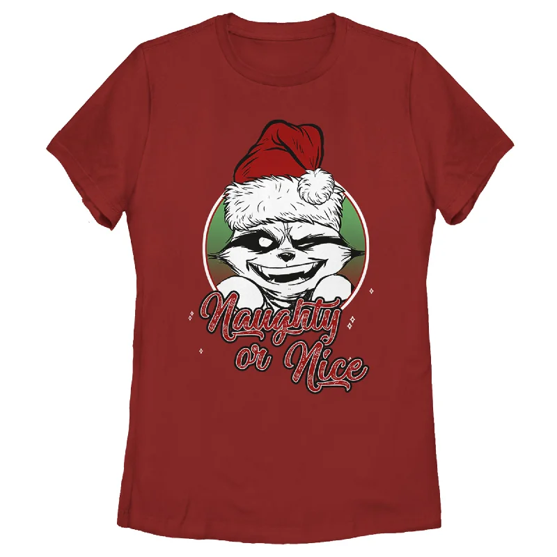 Women's Marvel Christmas Guardians of the Galaxy Naughty Rocket T-Shirt-- Zippered Buttoned Snapped Women's Marvel Christmas Guardians of the Galaxy Naughty Rocket T-Shirt-- Zippered Buttoned Snapped