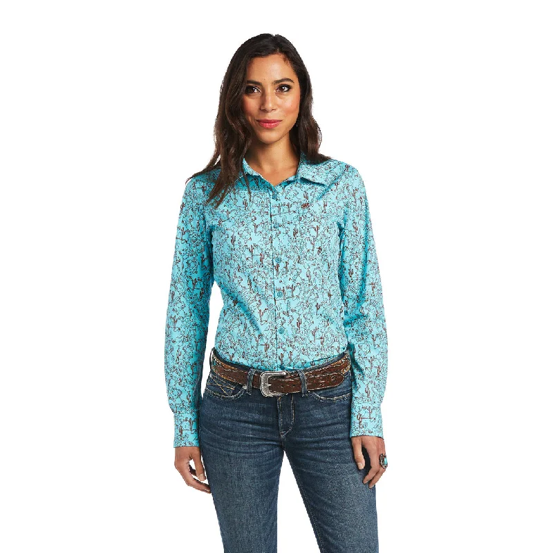 Ariat® Ladies Amazonite Bucking Bronc Print Button Down Shirt 10040582-- Denim Fabric Leather Fabric Suede Fabric Ariat® Ladies Amazonite Bucking Bronc Print Button Down Shirt 10040582-- Denim Fabric Leather Fabric Suede Fabric