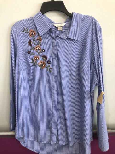 Blue Striped CJ Banks Long Sleeve Shirt Women's-- Striped Floral Plaid