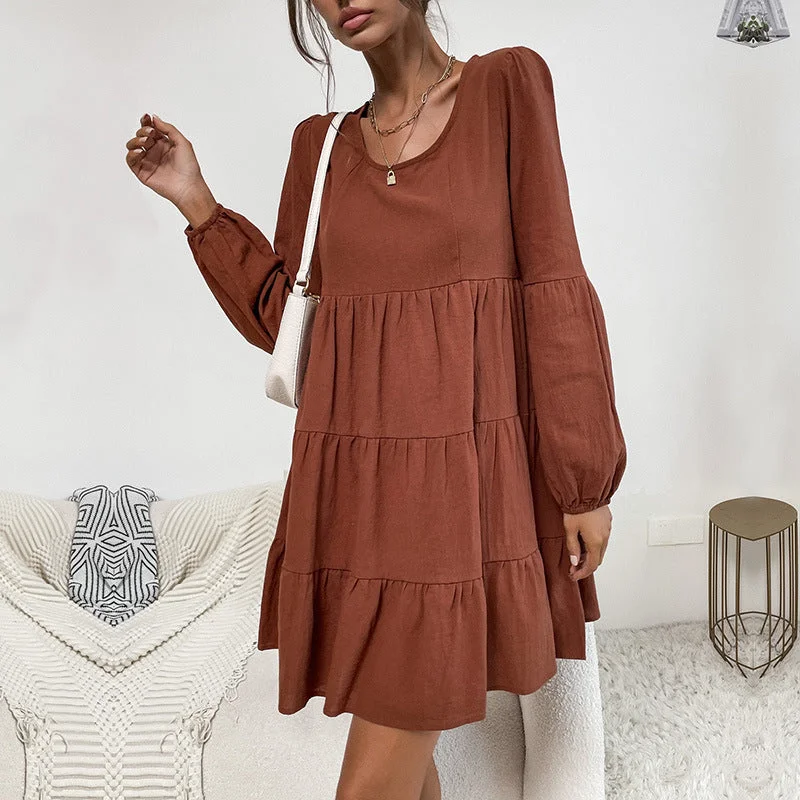 IKEARLAX New Cross-border Women's Clothing New New 2025 Hot Trade Cake Folded Skirt Long Sleeve Loose Cotton and Linen Dress Tunics Review highly IKEARLAX New Cross-border Women's Clothing New New 2025 Hot Trade Cake Folded Skirt Long Sleeve Loose Cotton and Linen Dress Tunics Review highly