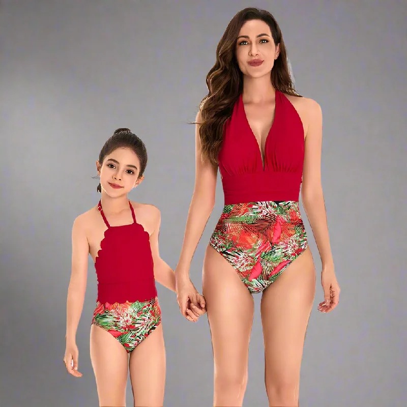 Elegant Tropical High-Waisted Swimsuit Set for Mother and Daughter Radiant Red Halter Neck Design Elegant Swim Dress Elegant Tropical High-Waisted Swimsuit Set for Mother and Daughter Radiant Red Halter Neck Design Elegant Swim Dress