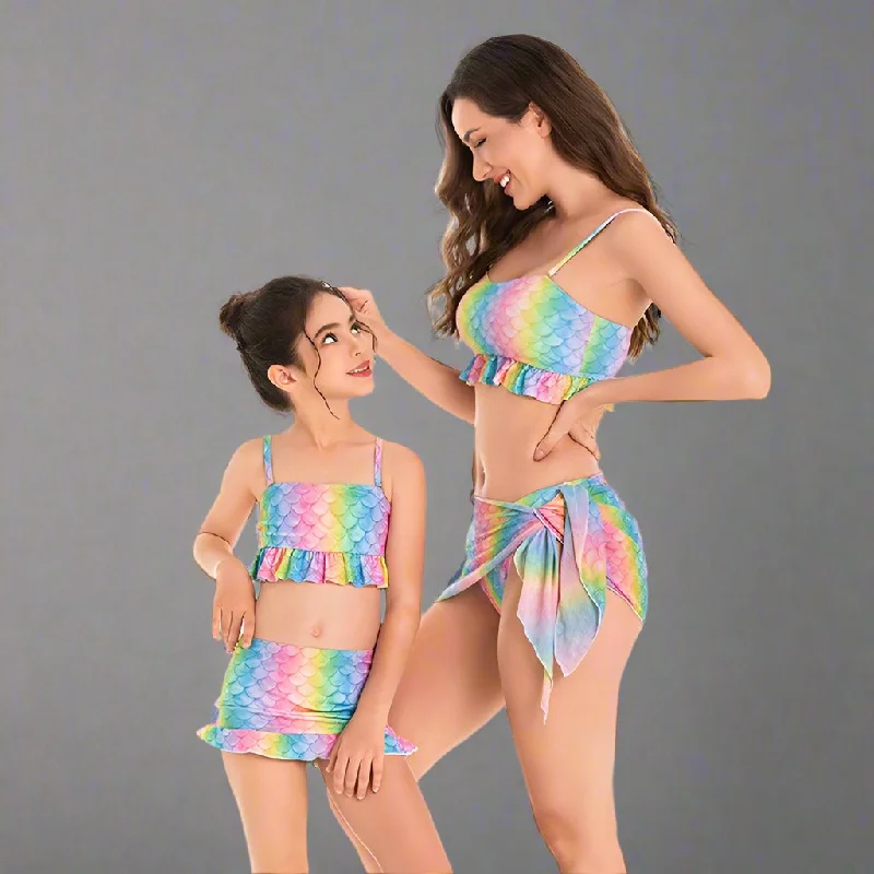 Enchanting Mermaid Scales Two-Piece Swimsuit Set for Mother and Daughter - Rainbow Hues with Flirty Skirt Detail Quick-Dry Swimsuit Enchanting Mermaid Scales Two-Piece Swimsuit Set for Mother and Daughter - Rainbow Hues with Flirty Skirt Detail Quick-Dry Swimsuit