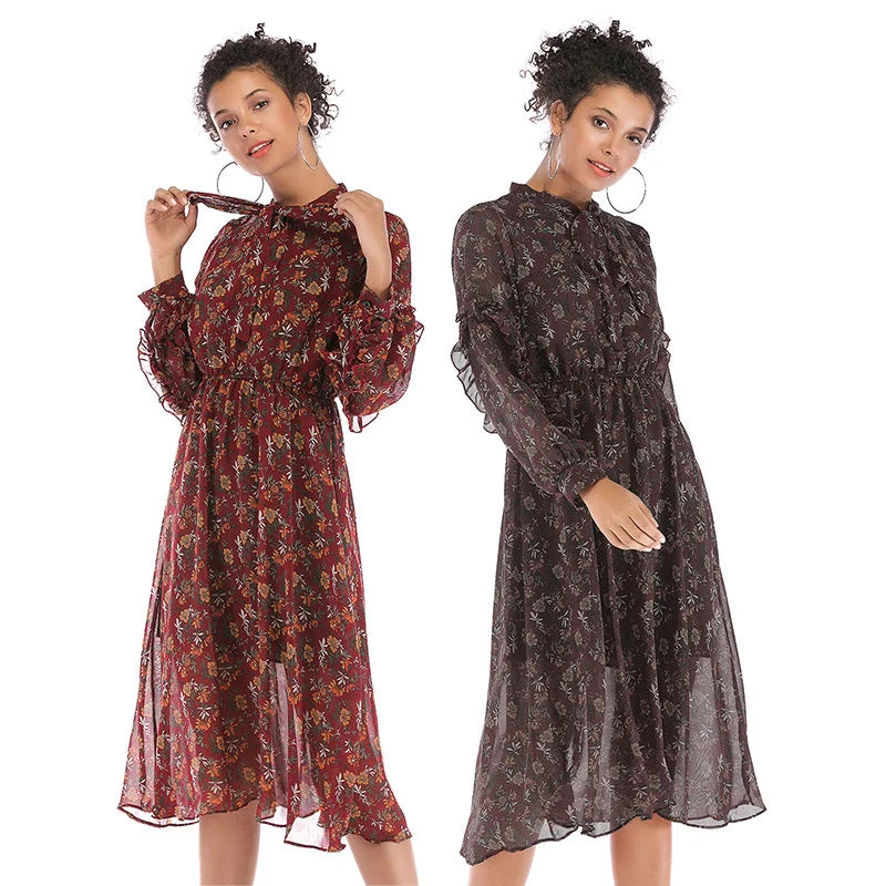 IKEARLAX  autumn  women's clothing fashion temperament small floral chiffon dress  medium and long long-sleeved pendulum skirt Turtleneck Warm Winter