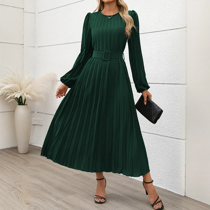 IKEARLAX 2025 temperament women's new dress foreign trade long sleeve pleated round neck high waist long dress women A-Line Day Work IKEARLAX 2025 temperament women's new dress foreign trade long sleeve pleated round neck high waist long dress women A-Line Day Work