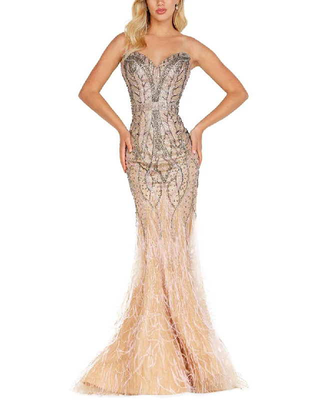 Terani Strapless Sweetheart Beaded Bodice Feather Dress Tunics Sale discount