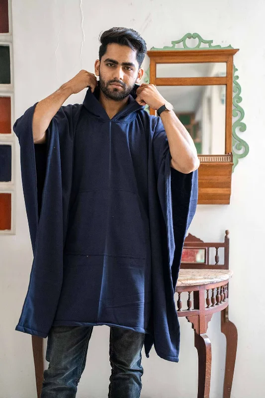 Navy Poncho Hoodie - Solid (Male) Hoodie with Raglan Sleeves Sporty Comfortable