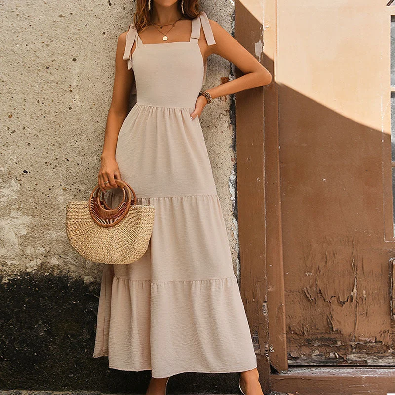 IKEARLAX New Hot Trade Elegant Long Dress New Summer New 2025  Women's Clothing Backless Solid Color Suspender Dress Tunics Denim casual