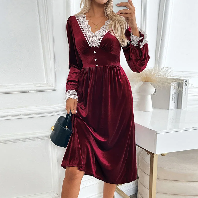 IKEARLAX 2025 women's clothing New autumn and winter party velvet dress autumn and winter lace splicing retro dress dress Tunics Fashionable chic IKEARLAX 2025 women's clothing New autumn and winter party velvet dress autumn and winter lace splicing retro dress dress Tunics Fashionable chic