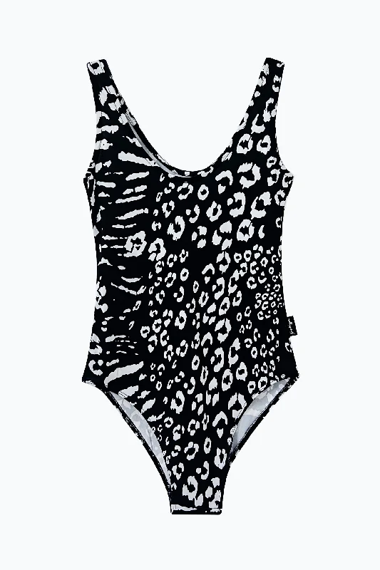Hype Womens Black Mixed Animal Swimsuit Modern High-Waisted Swimsuit