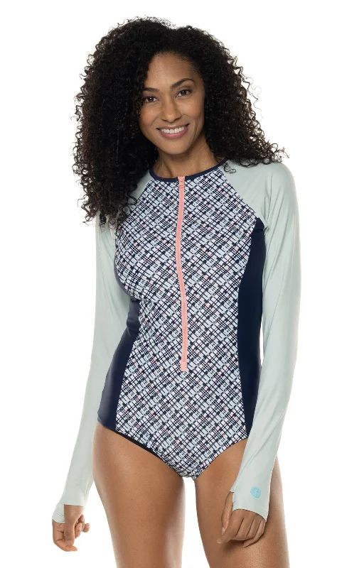 Women's Escalante Long Sleeve Swimsuit | Navy Gulf Stream Stripe Comfortable Swim Dress Women's Escalante Long Sleeve Swimsuit | Navy Gulf Stream Stripe Comfortable Swim Dress