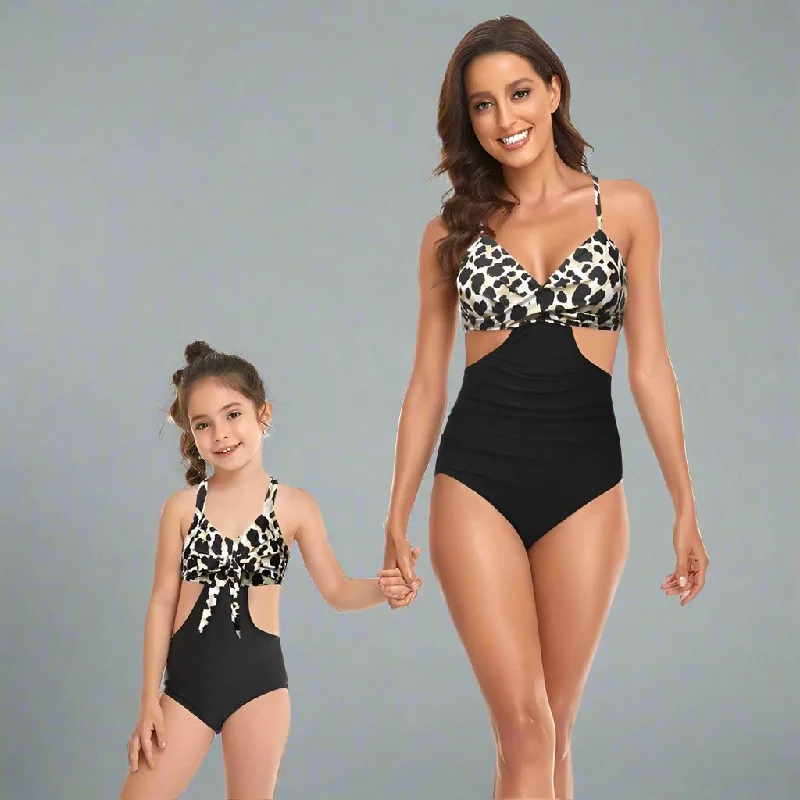 Matching Mother Daughter One-Piece Swimsuit Plunge Neckline Swimsuit