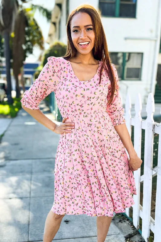 Feeling Femme Pink Ditzy Floral V Neck Tiered Lined Dress Tunics Satin smooth