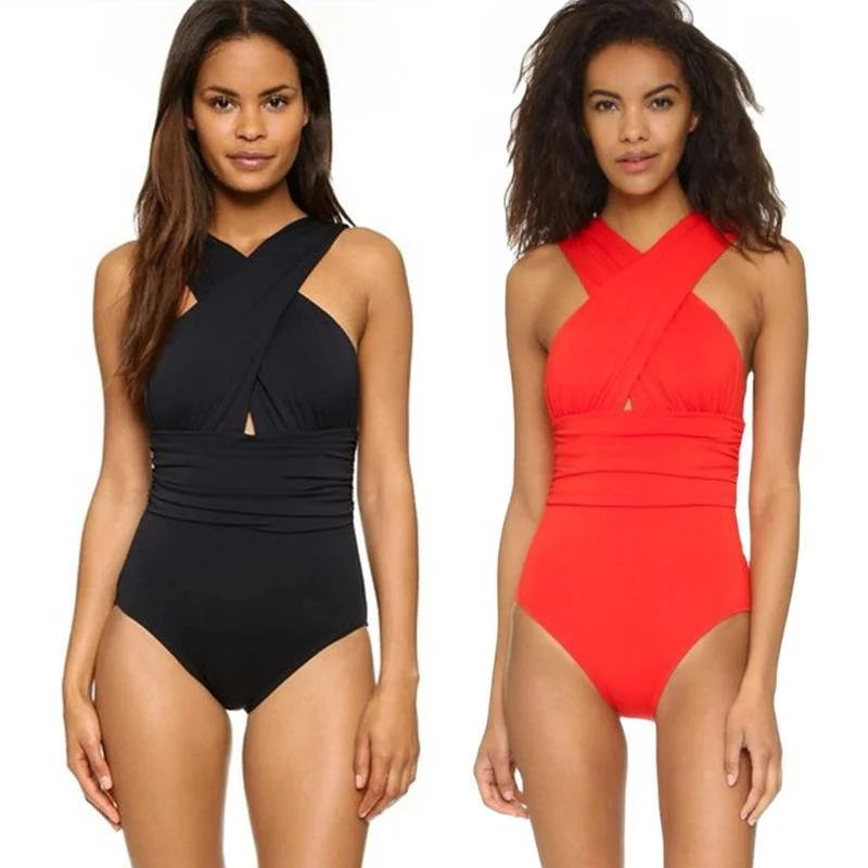 Women V Neck Cross One Piece Swimsuits Deep-V Swimsuit Design