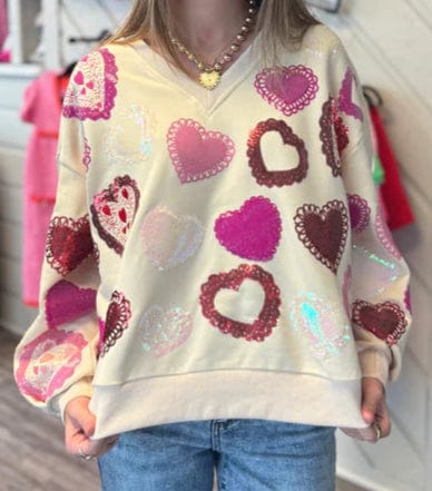 Multi Doily Heart V-Neck Sweatshirt Hoodie with Hem Patch Decorative Personalized