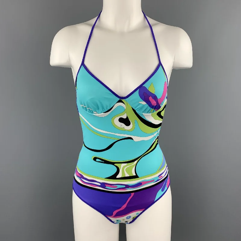 EMILIO PUCCI Size 4 Turquoise & Purple Print One Piece Halter Swimsuit Bold Swimsuit Design