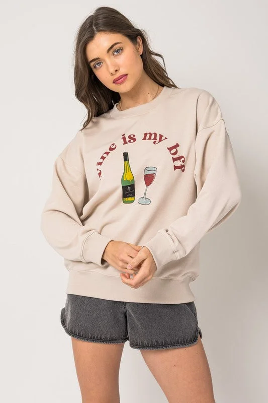 "Wine Is My BFF" Oversized Sweatshirt Hoodie with Longline Fit Extended Stylish
