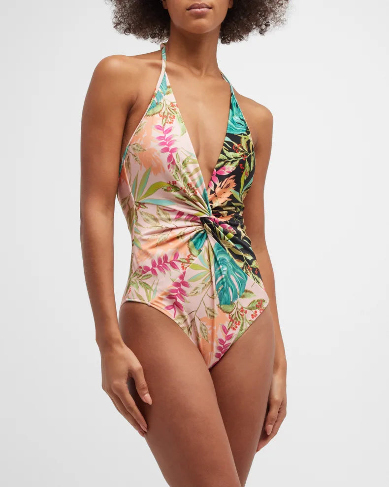 Tropicalia Plunge Halterneck Swimsuit - PatBO Reversible Bikini Set
