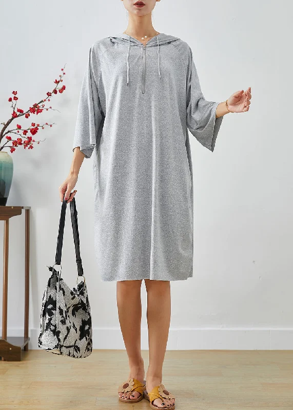 Handmade Grey Hooded Oversized Cotton Sweatshirt Dress Summer Hoodie with Front Slit Layering Stylish Handmade Grey Hooded Oversized Cotton Sweatshirt Dress Summer Hoodie with Front Slit Layering Stylish