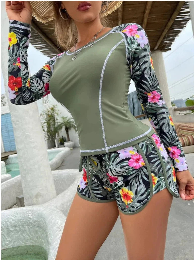 Women's Long Sleeve Swimsuit and Shorts Set Comfortable Tankini Set