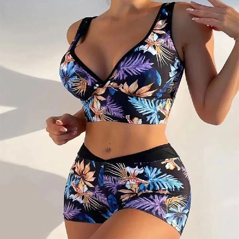 Sexy Floral Print  Summer Boxer Swimsuits Stylish Swimsuit Set