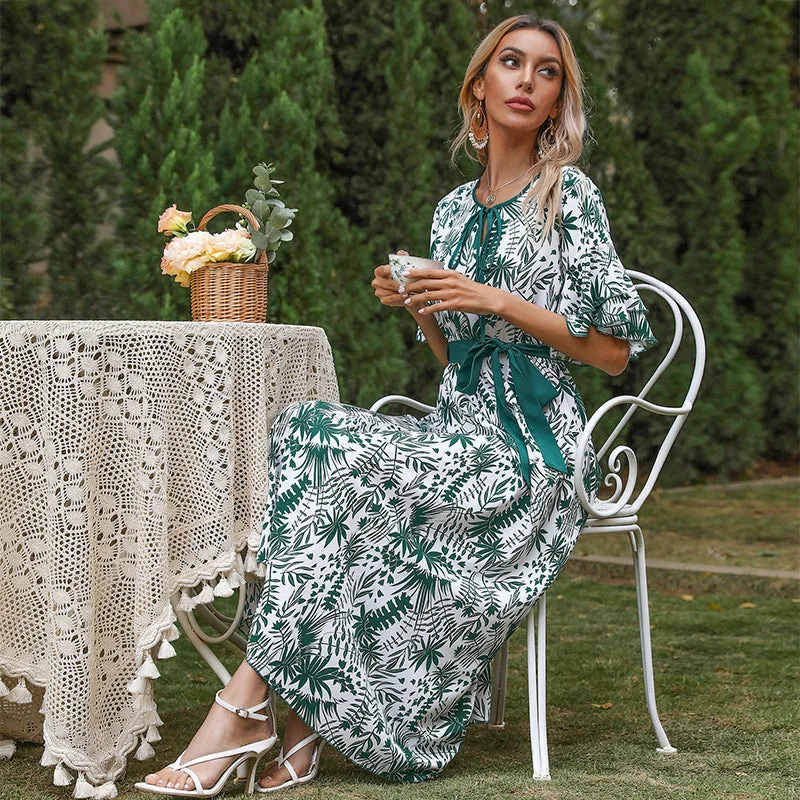 IKEARLAX cross-border chiffon short-sleeved casual long dress  bow strap waist  print dress Tunics Luxurious high-end