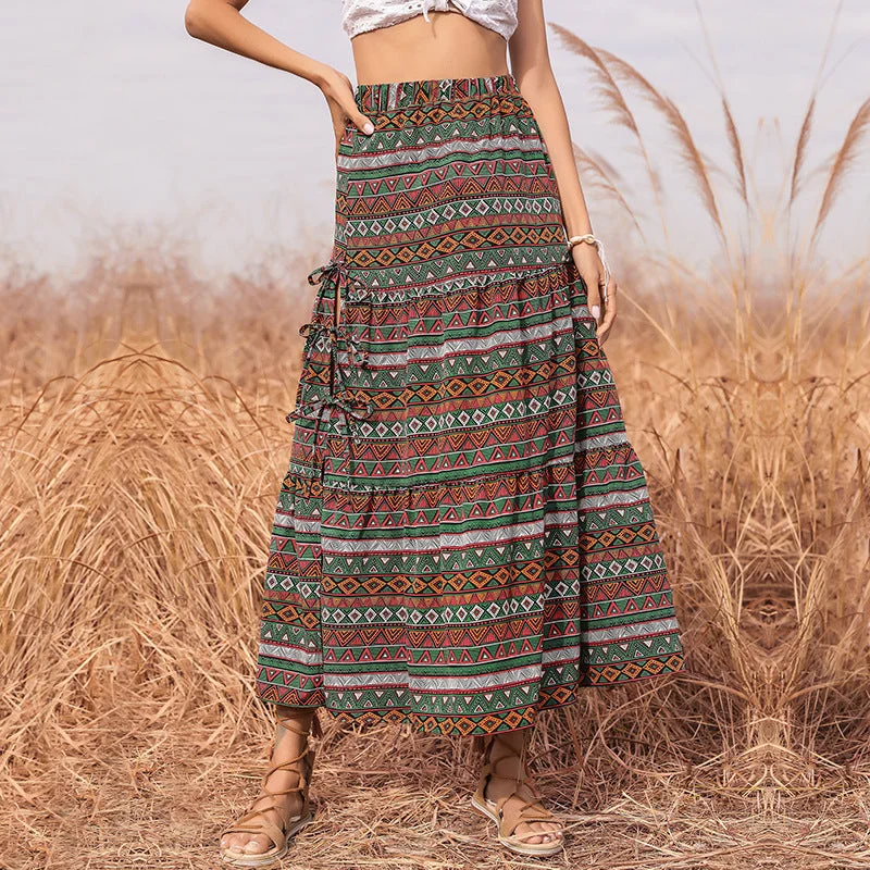 IKEARLAX cross-border printing straps Bohemian skirt Middle Eastern ethnic style bow women's long dress Tunics Fashionable chic IKEARLAX cross-border printing straps Bohemian skirt Middle Eastern ethnic style bow women's long dress Tunics Fashionable chic