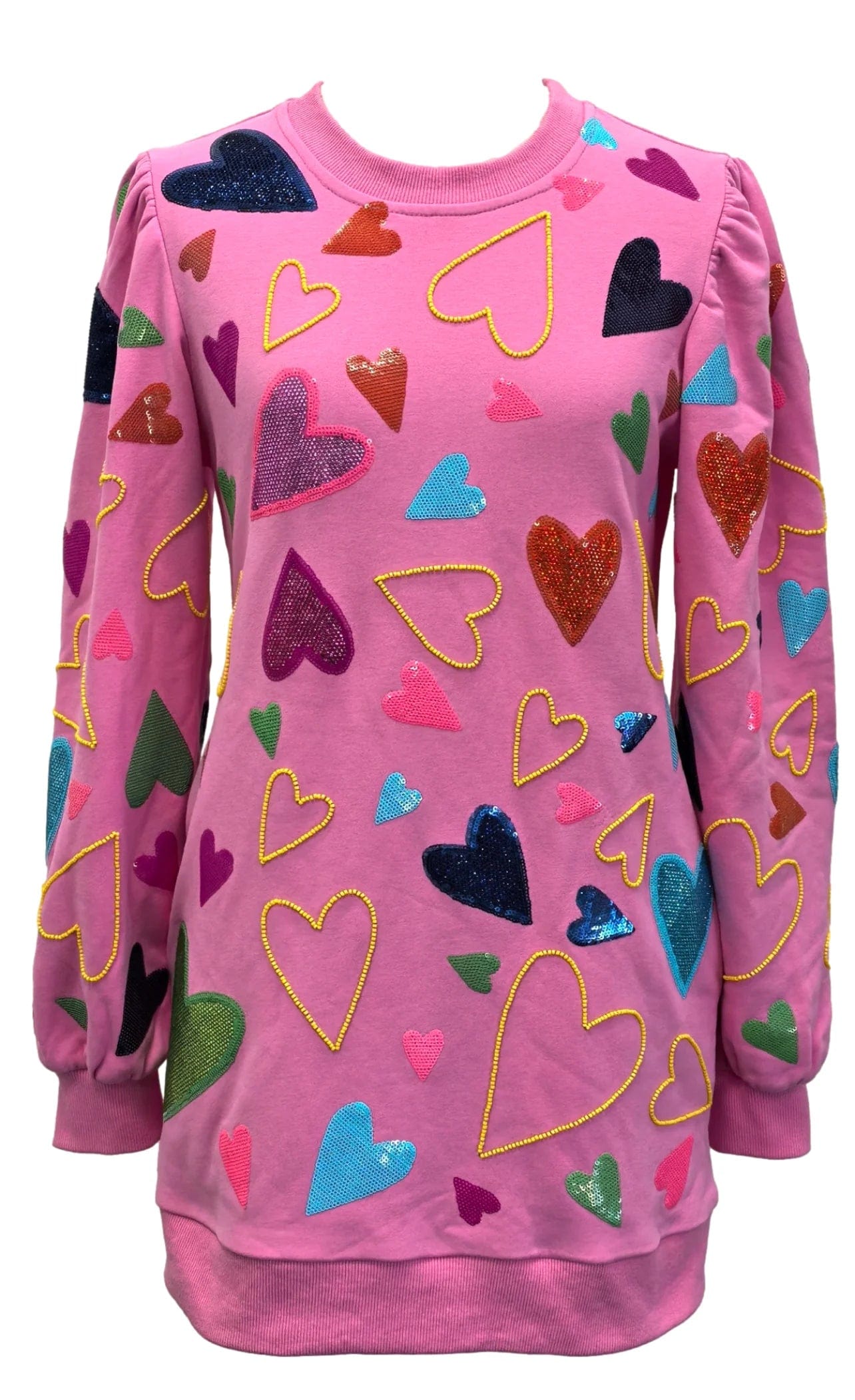 Groovy Hearts All Over Sweatshirt Dress Hoodie with Hem Applique Textured Unique