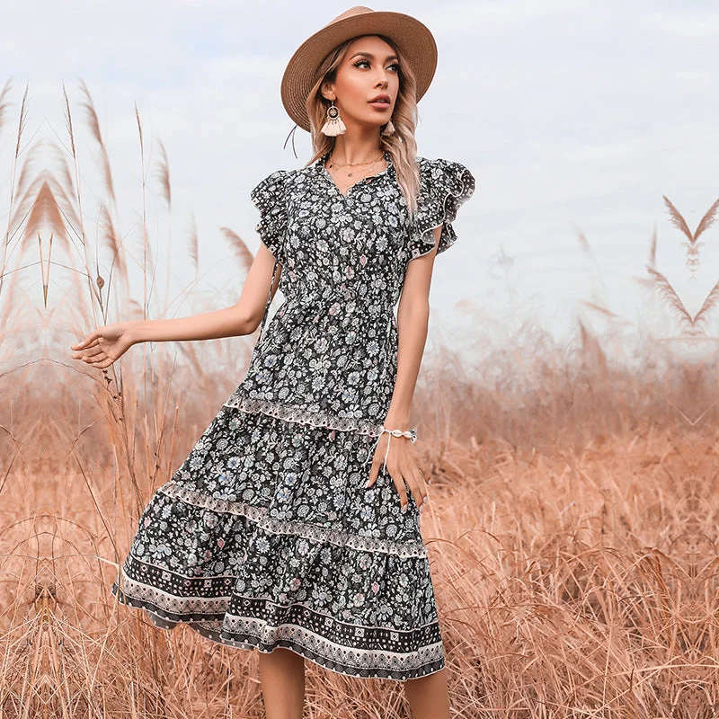 IKEARLAX 2023 cross-border ethnic style floral dress summer v-neck horn sleeve dress Tunics Sophisticated sleek IKEARLAX 2023 cross-border ethnic style floral dress summer v-neck horn sleeve dress Tunics Sophisticated sleek