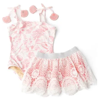 Coral Seaside Toile One Piece Swimsuit & Skirt Chic Bikini Set