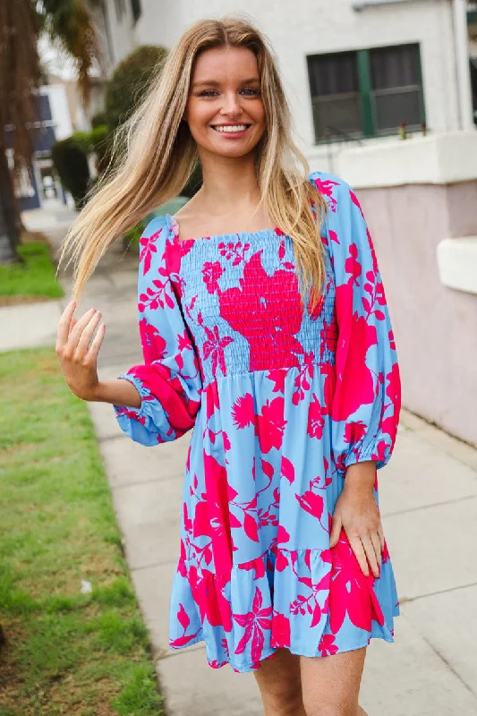Lock Eyes Blue Big Floral Print Smocked Bubble Sleeve Dress Tunics Denim casual