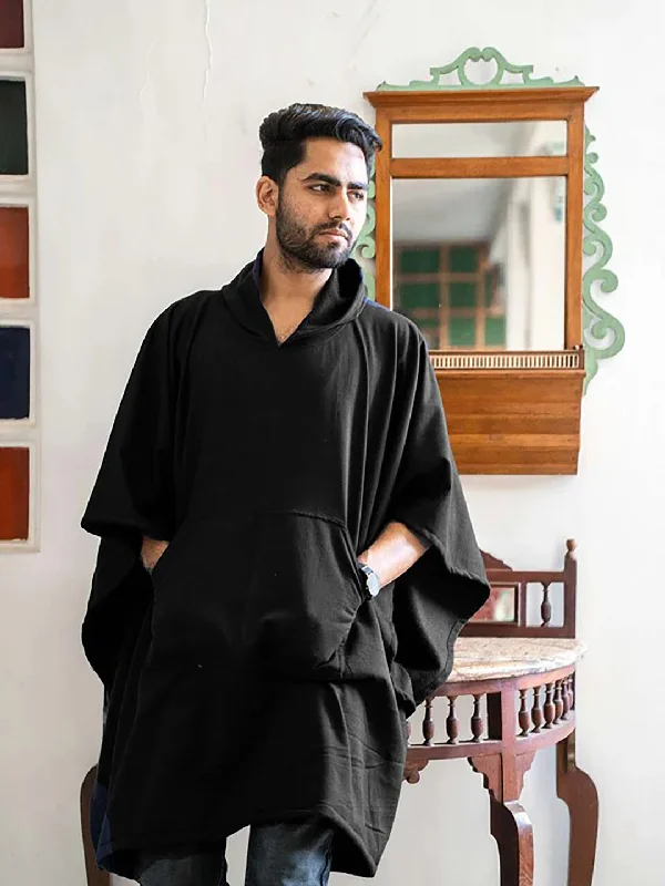 Black Poncho Hoodie - Solid (Male) Hoodie with Batwing Sleeves Loose Dramatic
