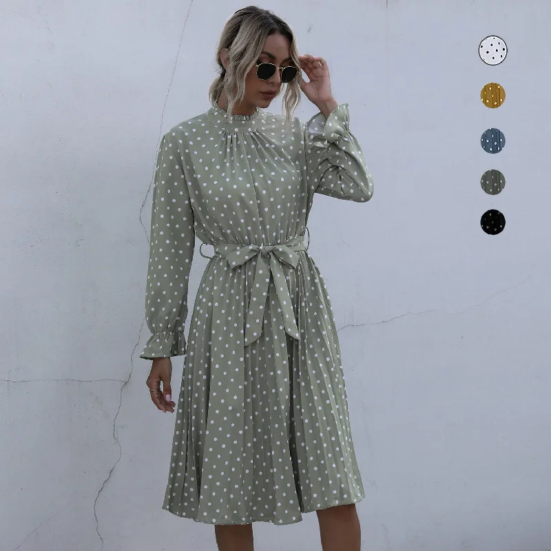 IKEARLAX autumn cross-border polka dot dress women's ruffle edge long sleeve pleated waist belt skirt Tunics Cozy comfortable IKEARLAX autumn cross-border polka dot dress women's ruffle edge long sleeve pleated waist belt skirt Tunics Cozy comfortable