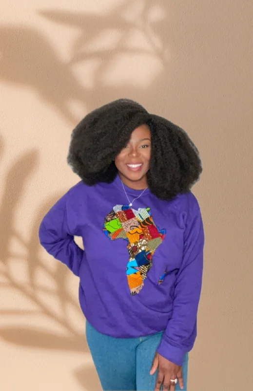 The Ada Map of Africa Ankara Crewneck Sweatshirt Jumper in Purple Cotton Hoodie Fleece Lining Warmth The Ada Map of Africa Ankara Crewneck Sweatshirt Jumper in Purple Cotton Hoodie Fleece Lining Warmth