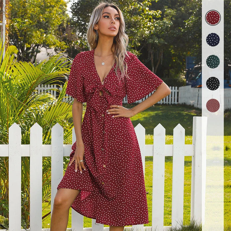 IKEARLAX summer v-neck polka dot umbrella skirt hollow bow trade medium and long dress women Tunics Versatile functional IKEARLAX summer v-neck polka dot umbrella skirt hollow bow trade medium and long dress women Tunics Versatile functional