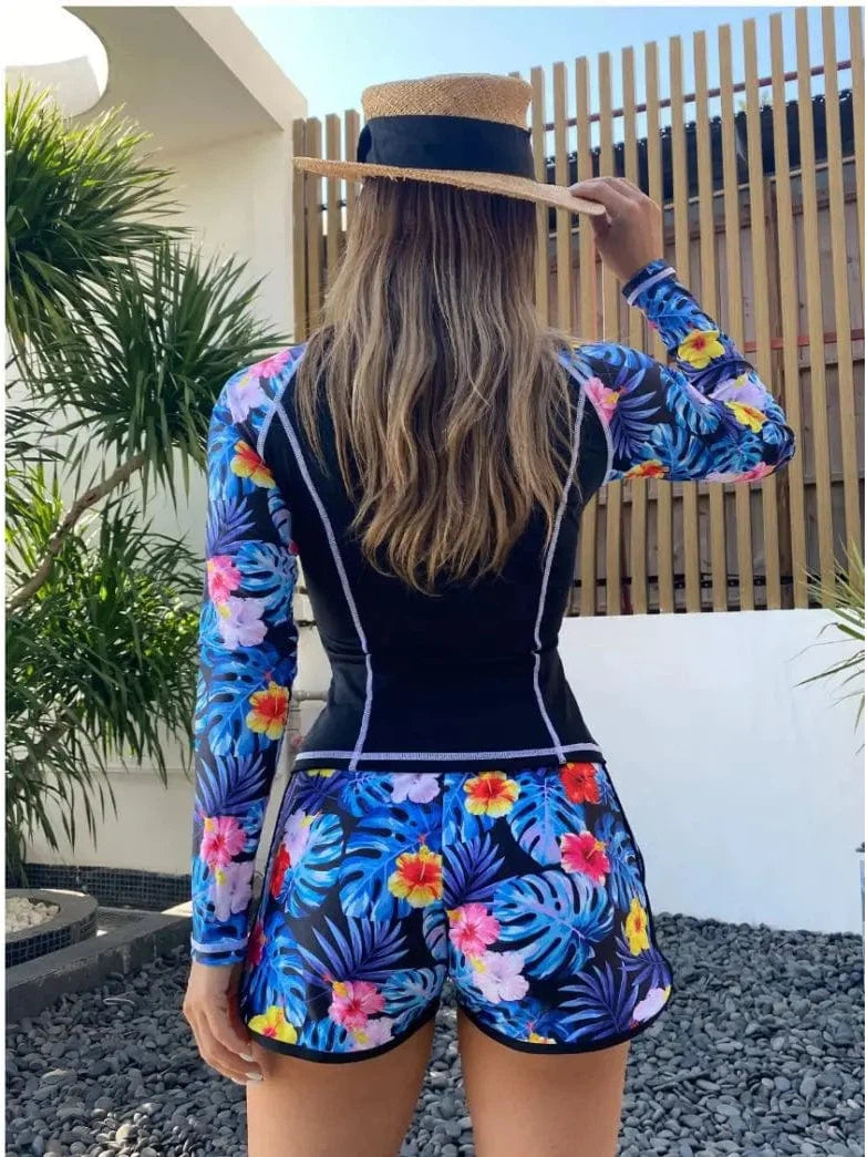 Women's UPF 50+ Long Sleeve Swimsuit with Shorts Monokini Swimsuit Design