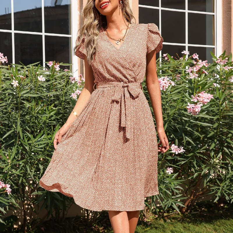 IKEARLAX cross-border trade girdle women's clothing summer printed pleated v-neck dress Tunics Bestseller popular IKEARLAX cross-border trade girdle women's clothing summer printed pleated v-neck dress Tunics Bestseller popular