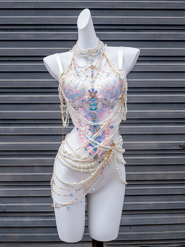 TAVIMART  -  Blue Powder Heavy Industry Princess Scale Corset Women Mermaid Swimsuit Bra Underwater Dress Girl Night Club Bar Performance Set Floral Print Swimsuit