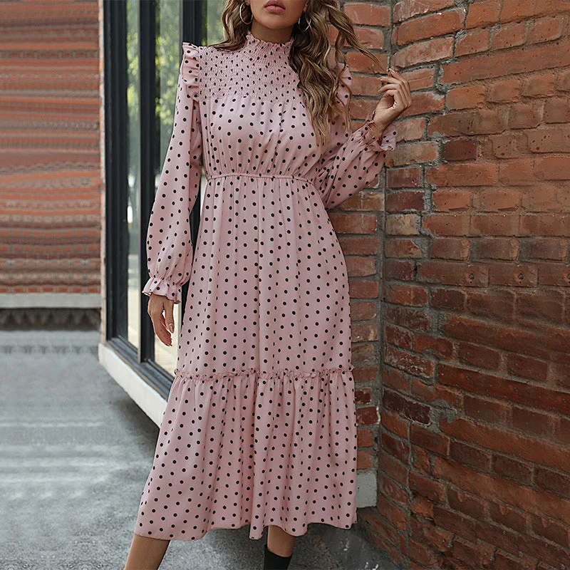 IKEARLAX Cross-border New autumn new 2025 women's clothing lotus leaf flying sleeves polka dot splicing cake dress Tunics Satin smooth IKEARLAX Cross-border New autumn new 2025 women's clothing lotus leaf flying sleeves polka dot splicing cake dress Tunics Satin smooth