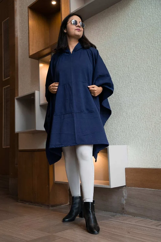 Navy Poncho Hoodie - Solid (Female) Hoodie with Puffed Sleeves Voluminous Trendy