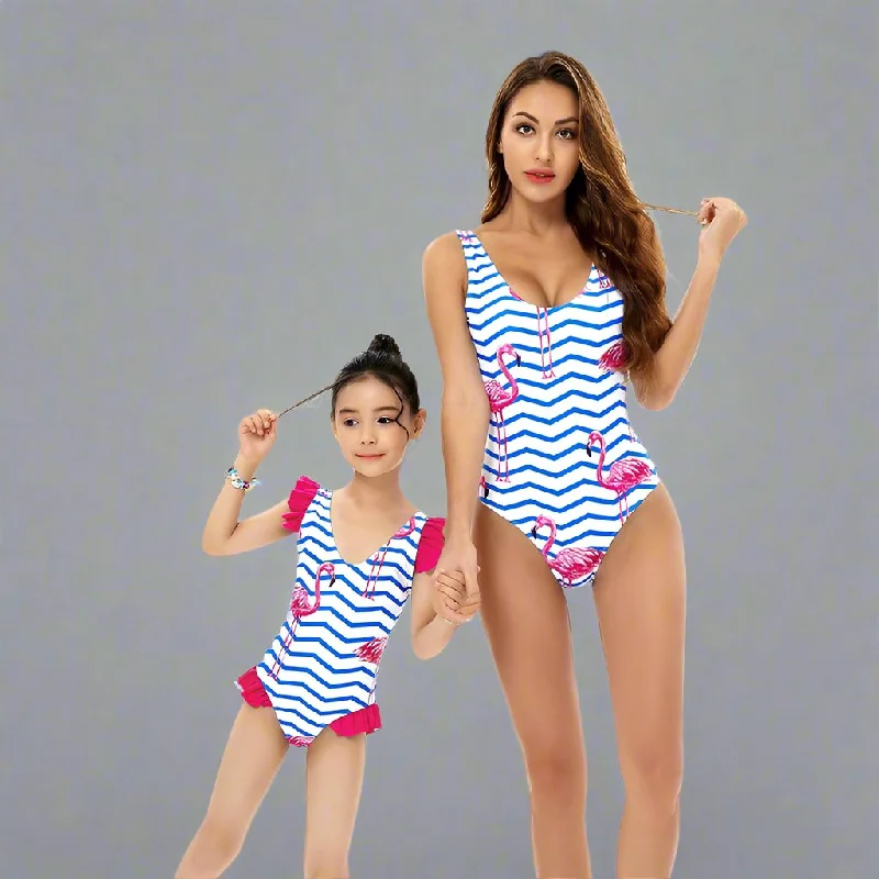 Nautical Charm Flamingo Print One-Piece Swimsuits for Mother & Daughter Vintage Swimwear Look Nautical Charm Flamingo Print One-Piece Swimsuits for Mother & Daughter Vintage Swimwear Look