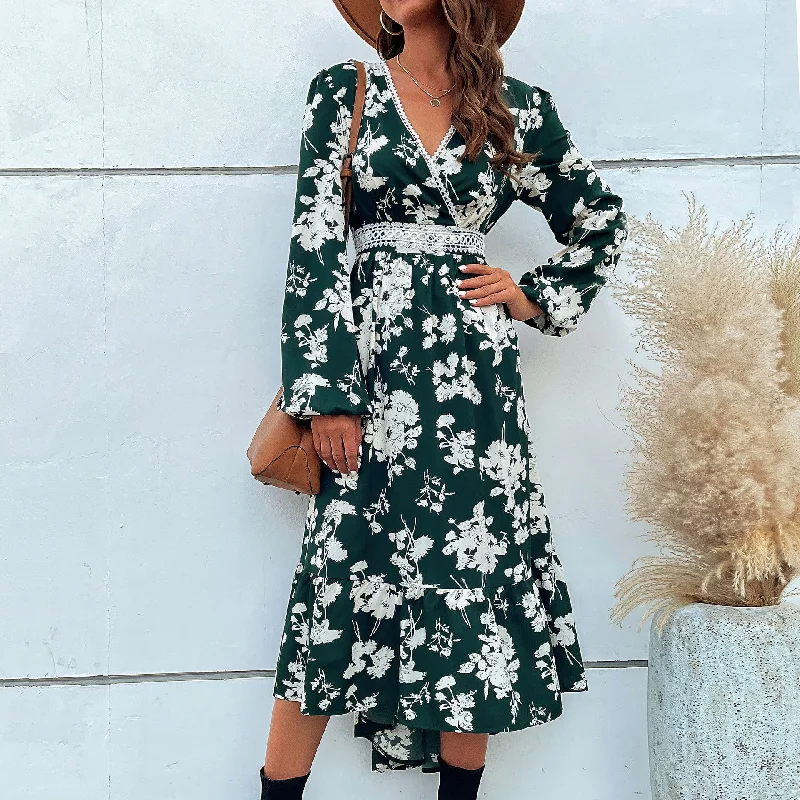IKEARLAX 2025 fashion women's clothing New new splicing lace skirt long sleeve printing irregular dress Tunics Sophisticated sleek IKEARLAX 2025 fashion women's clothing New new splicing lace skirt long sleeve printing irregular dress Tunics Sophisticated sleek