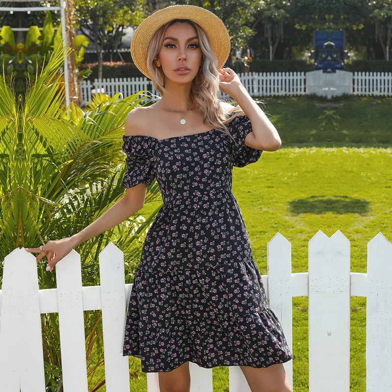 IKEARLAX Summer bubble sleeve one-word neck dress women's collar lisianthus short skirt cross-border floral dress Tunics Handmade artisanal IKEARLAX Summer bubble sleeve one-word neck dress women's collar lisianthus short skirt cross-border floral dress Tunics Handmade artisanal