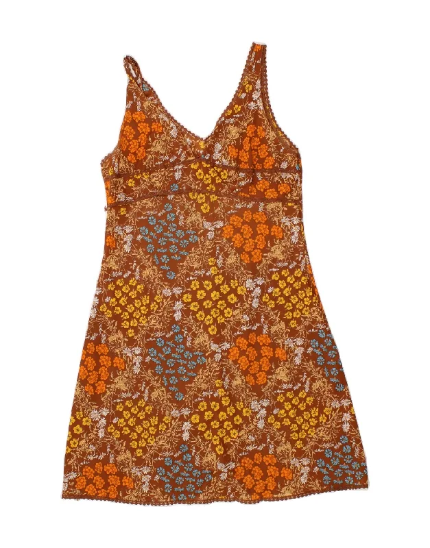 VINTAGE Womens Slip Dress UK 12 Medium Brown Floral Tunics Silk luxurious